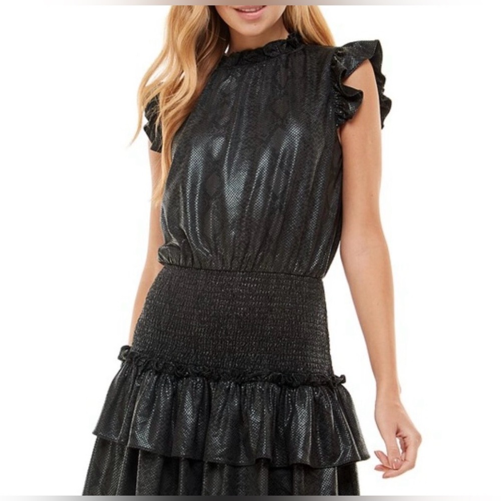 The Impeccable Pig Black Faux Leather Shimmering snake Print Dress